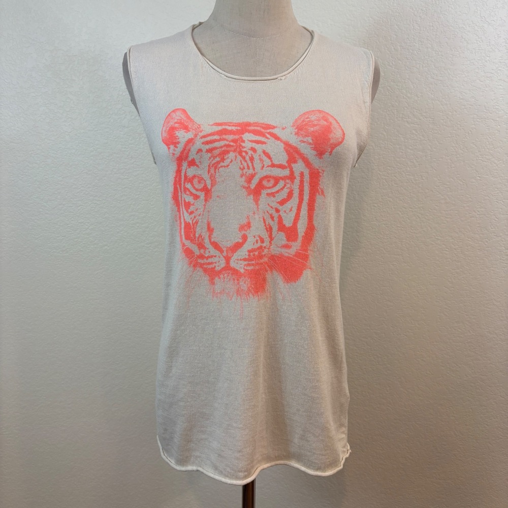 Tess Giberson Tank Top Womens S Cream Silk Cashmere Tiger Graphic Pop Art Luxury